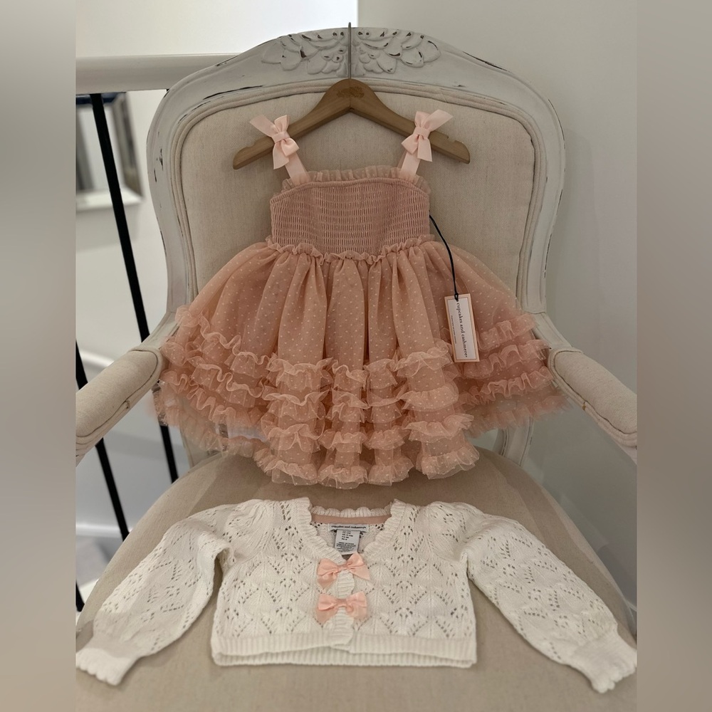 🩰 12 Mth Blush Pink Mini Polka Dot & Ruffle Tulle Dress & Ivory Knit Cardigan
